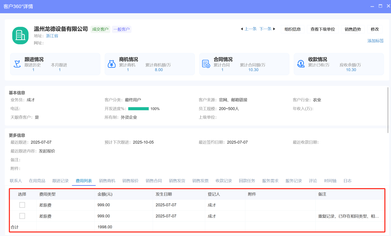 八駿CRM中客戶費用支出