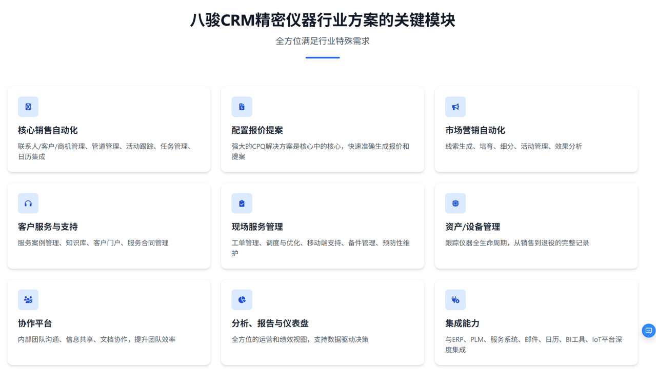 八駿CRM精密儀器行業方案的關鍵模塊